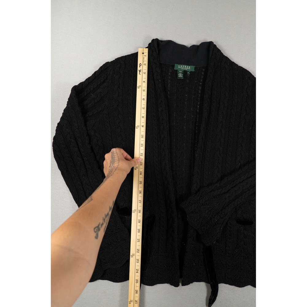 Lauren Ralph Lauren Petite Black Cable Knit Velvet Tie Cardigan Sweater PL - Picture 8 of 10